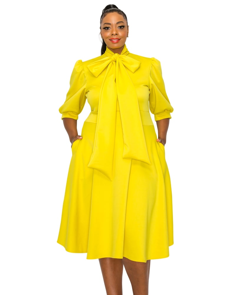Front of a model wearing a size 2X Casey Scuba Flare Dress in Yellow by L I V D. | dia_product_style_image_id:300477
